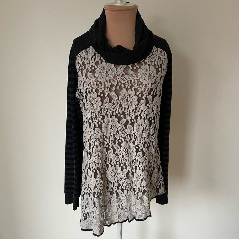 Dolcezza Art to Wear Sheer Lace Mixed Media Striped Long Sleeve Cowl Neck Top L
